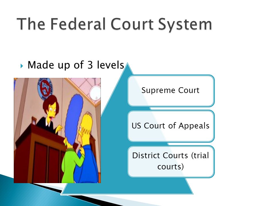  Made up of 3 levels Supreme CourtUS Court of Appeals District Courts (trial courts)