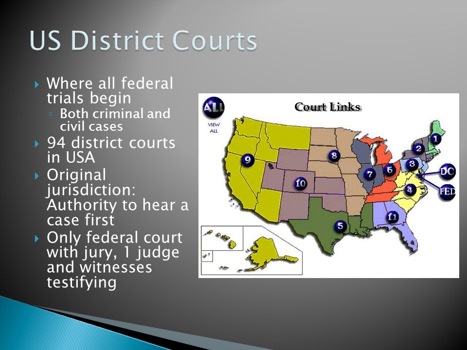  Where all federal trials begin ◦ Both criminal and civil cases  94 district courts in USA  Original jurisdiction: Authority to hear a case first  Only federal court with jury, 1 judge and witnesses testifying