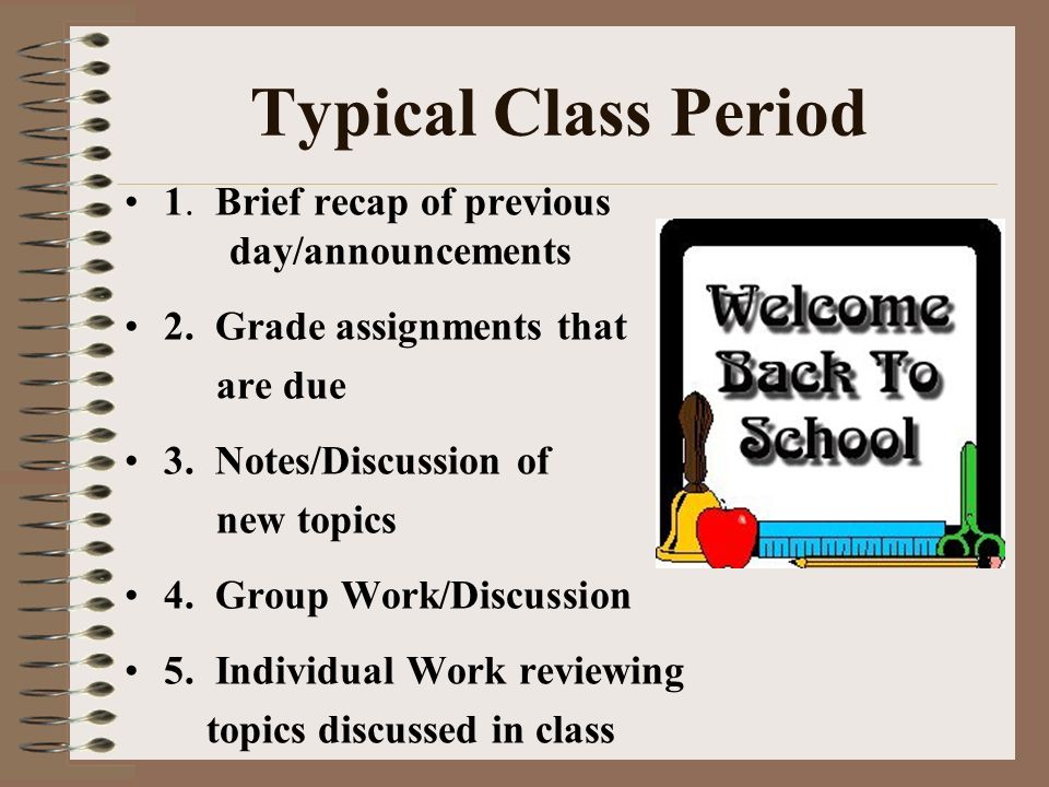 Typical Class Period 1. Brief recap of previous day/announcements 2.