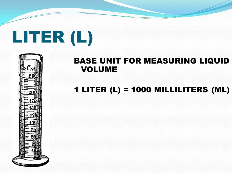 LITER (L) BASE UNIT FOR MEASURING LIQUID VOLUME 1 LITER (L) = 1000 MILLILITERS (ML)