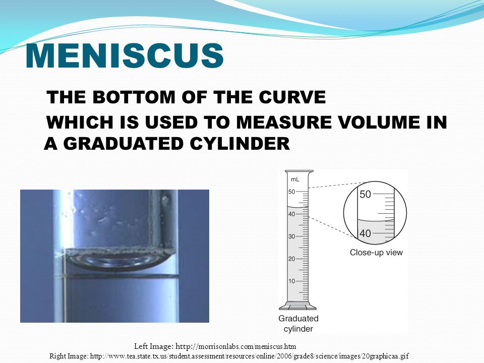 MENISCUS THE BOTTOM OF THE CURVE WHICH IS USED TO MEASURE VOLUME IN A GRADUATED CYLINDER Left Image:   morrisonlabs.com/meniscus.htm Right Image: