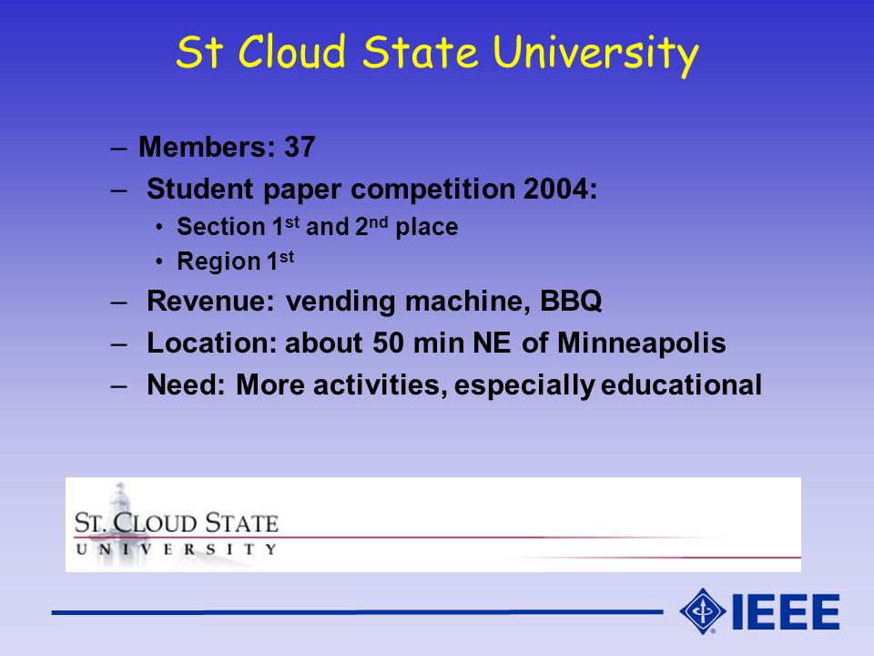 St Cloud State University –Members: 37 – Student paper competition 2004: Section 1 st and 2 nd place Region 1 st – Revenue: vending machine, BBQ – Location: about 50 min NE of Minneapolis – Need: More activities, especially educational