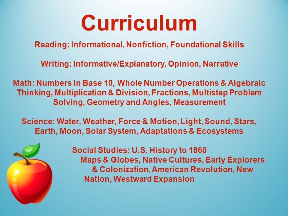 Curriculum Reading: Informational, Nonfiction, Foundational Skills Writing: Informative/Explanatory, Opinion, Narrative Math: Numbers in Base 10, Whole Number Operations & Algebraic Thinking, Multiplication & Division, Fractions, Multistep Problem Solving, Geometry and Angles, Measurement Science: Water, Weather, Force & Motion, Light, Sound, Stars, Earth, Moon, Solar System, Adaptations & Ecosystems Social Studies: U.S.