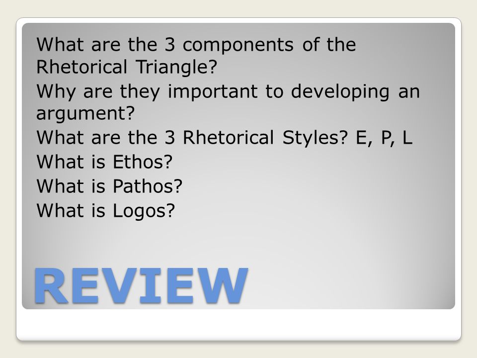 REVIEW What are the 3 components of the Rhetorical Triangle.