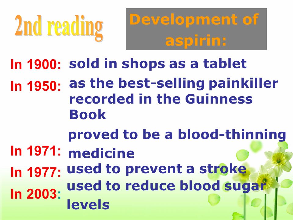 In 1900: In 1950: In 1971: In 1977: In 2003: sold in shops as a tablet as the best-selling painkiller recorded in the Guinness Book proved to be a blood-thinning medicine used to prevent a stroke used to reduce blood sugar levels Development of aspirin:
