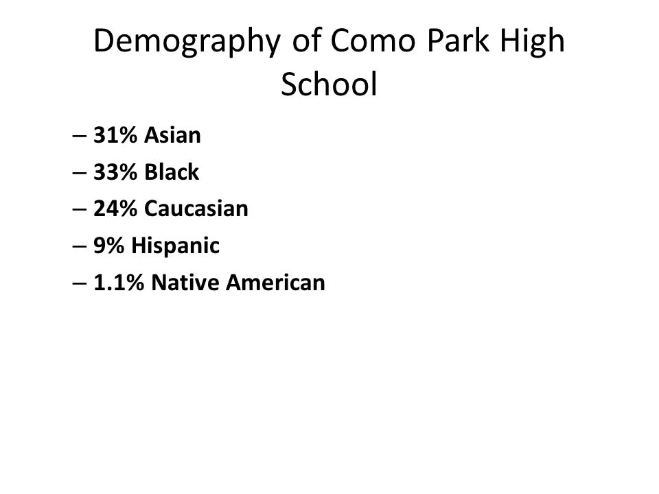 Demography of Como Park High School – 31% Asian – 33% Black – 24% Caucasian – 9% Hispanic – 1.1% Native American
