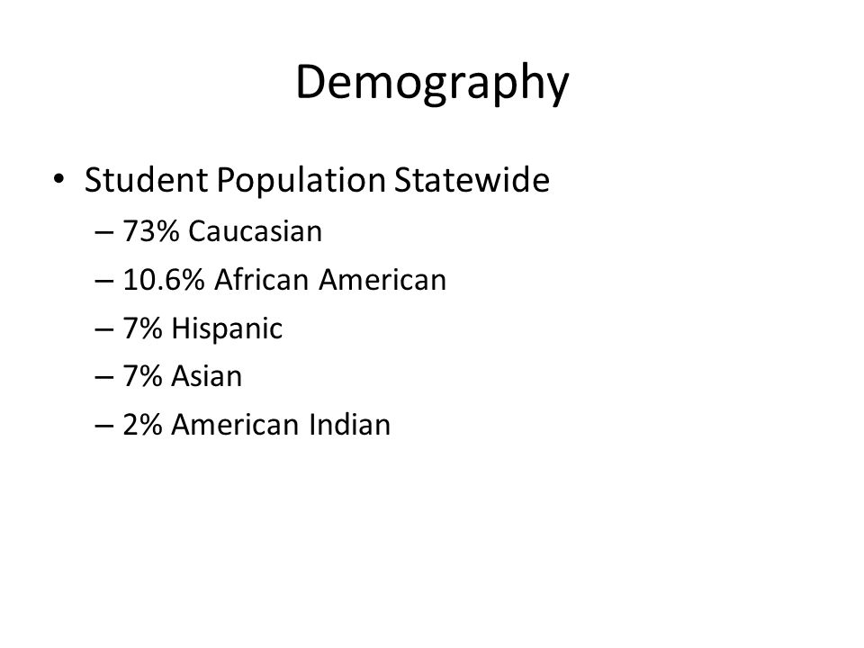 Demography Student Population Statewide – 73% Caucasian – 10.6% African American – 7% Hispanic – 7% Asian – 2% American Indian