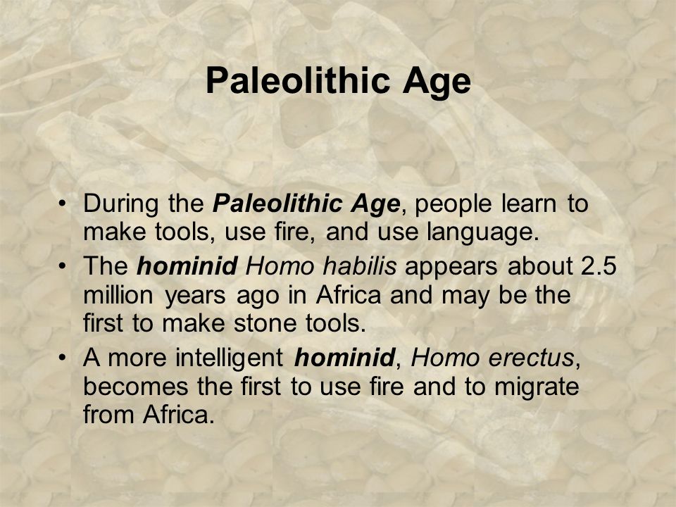 Paleolithic Age During the Paleolithic Age, people learn to make tools, use fire, and use language.
