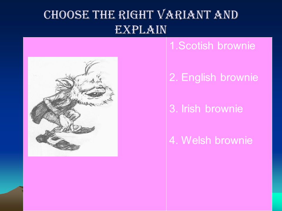 Choose the right variant and explain 1.Scotish brownie 2.