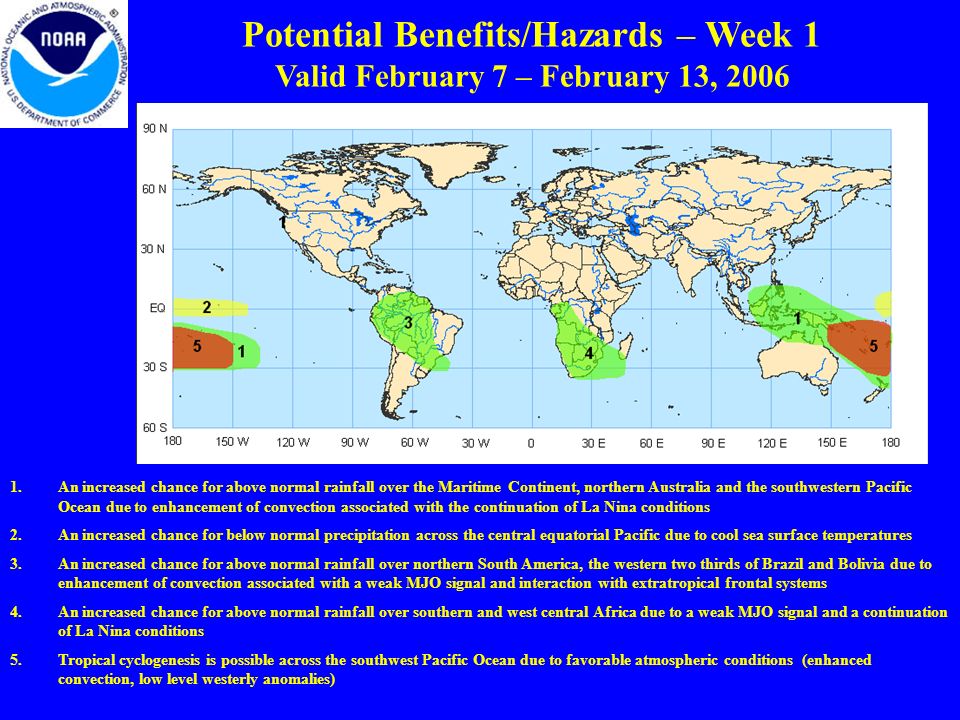 Potential Benefits/Hazards – Week 1 Valid February 7 – February 13, An increased chance for above normal rainfall over the Maritime Continent, northern Australia and the southwestern Pacific Ocean due to enhancement of convection associated with the continuation of La Nina conditions 2.An increased chance for below normal precipitation across the central equatorial Pacific due to cool sea surface temperatures 3.An increased chance for above normal rainfall over northern South America, the western two thirds of Brazil and Bolivia due to enhancement of convection associated with a weak MJO signal and interaction with extratropical frontal systems 4.An increased chance for above normal rainfall over southern and west central Africa due to a weak MJO signal and a continuation of La Nina conditions 5.Tropical cyclogenesis is possible across the southwest Pacific Ocean due to favorable atmospheric conditions (enhanced convection, low level westerly anomalies)