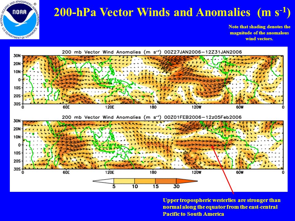 200-hPa Vector Winds and Anomalies (m s -1 ) Note that shading denotes the magnitude of the anomalous wind vectors.