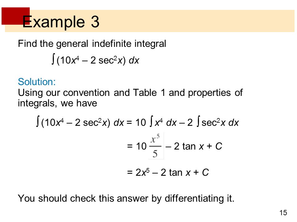 15 Example 3 Find the general indefinite integral  (10x 4 – 2 sec 2 x) dx Solution: Using our convention and Table 1 and properties of integrals, we have  (10x 4 – 2 sec 2 x) dx = 10  x 4 dx – 2  sec 2 x dx = 10 – 2 tan x + C = 2x 5 – 2 tan x + C You should check this answer by differentiating it.