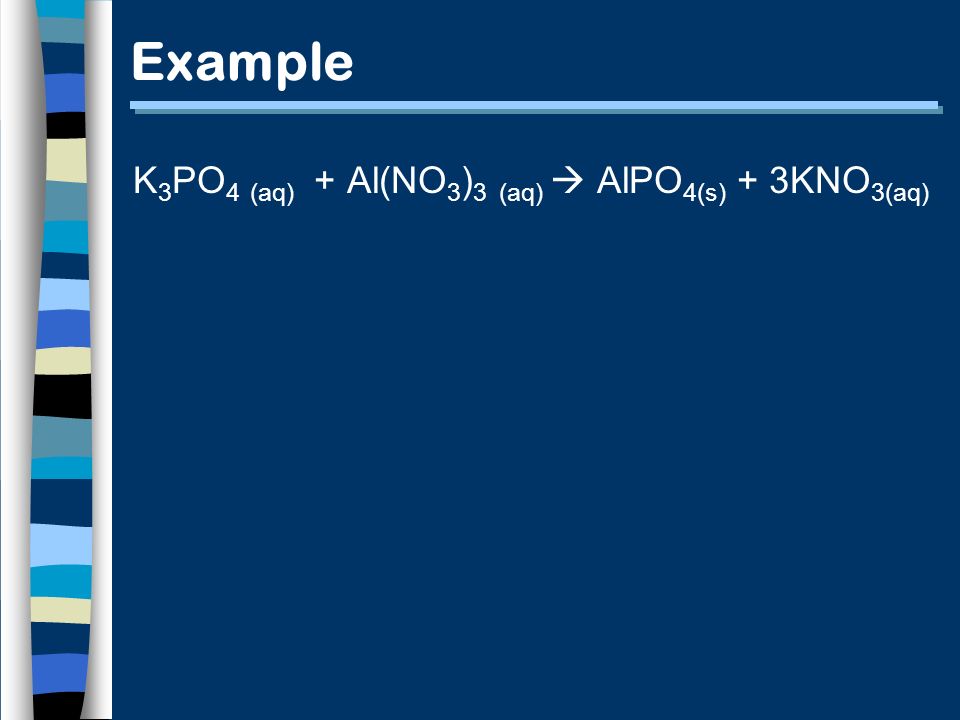 Example K 3 PO 4 (aq) + Al(NO 3 ) 3 (aq)  AlPO 4(s) + 3KNO 3(aq)
