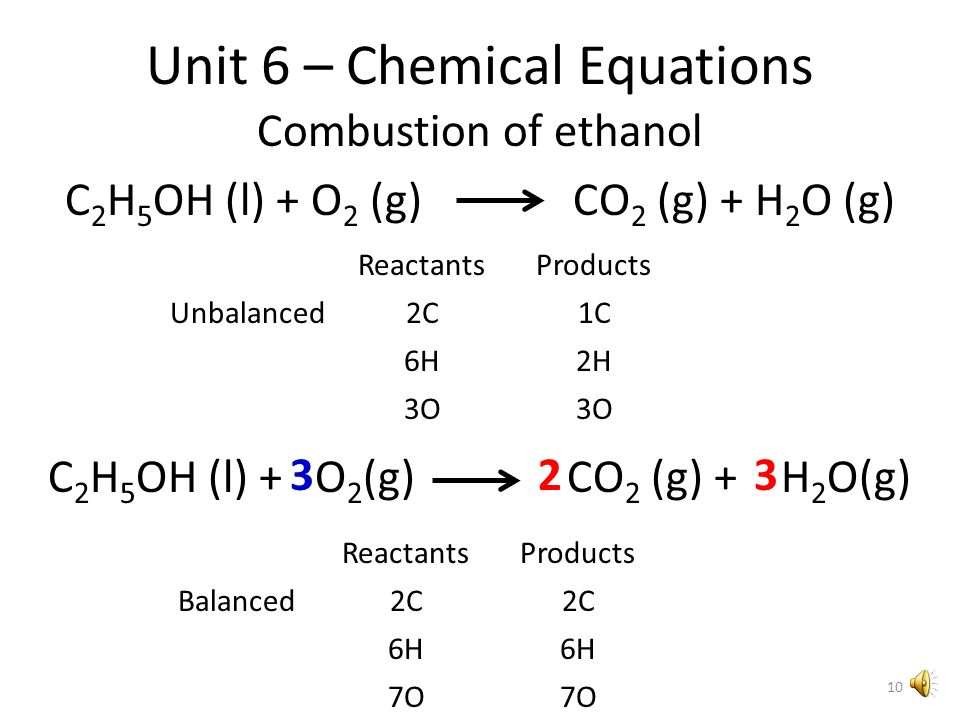 Unit 6 – Chemical Equations Combustion of ethanol C 2 H 5 OH (l) + O 2 (g) CO 2 (g) + H 2 O (g) Physical states g – gas l – liquid s – solid aq - aqueous 9