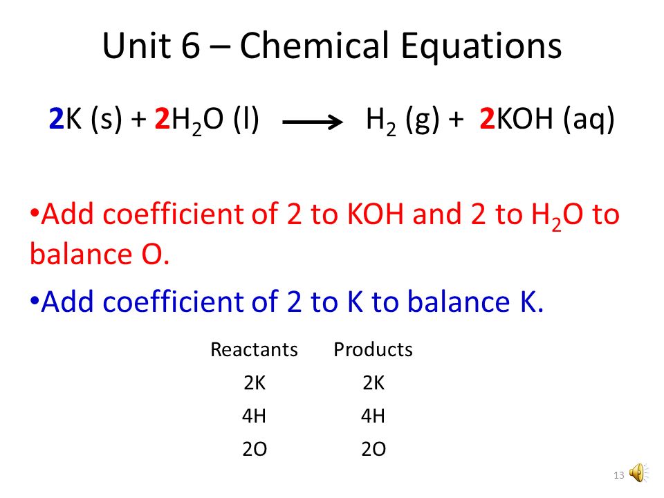 Unit 6 – Chemical Equations Solid potassium reacts with liquid water to form gaseous hydrogen and potassium hydroxide that is soluble in water.