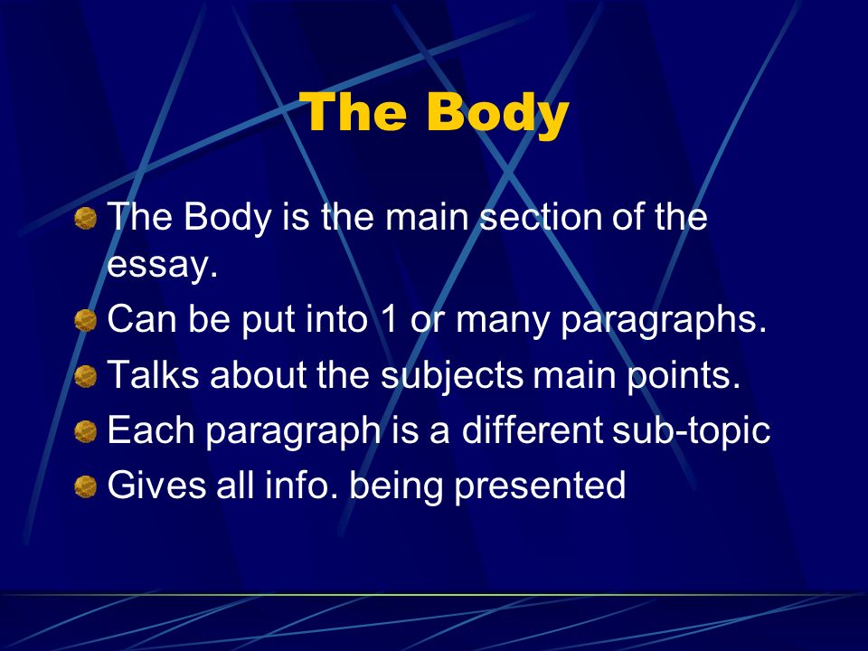 The Body The Body is the main section of the essay.