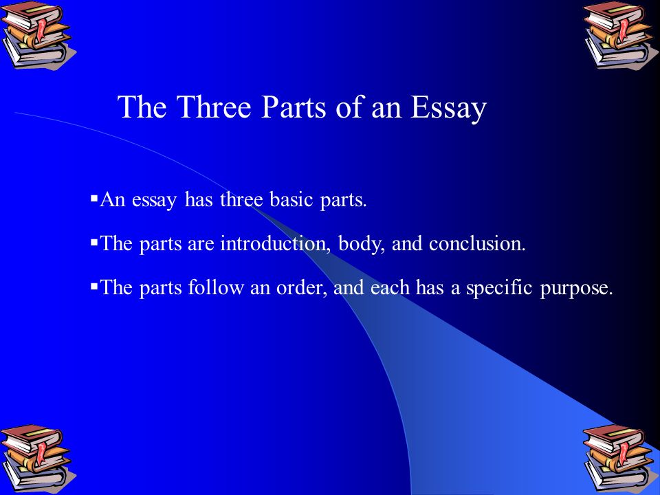 3 main parts of essay The three parts of the essay your essay will have three main parts: 1 introduction: the introduction should be one paragraph it should introduce the topic and main idea and preview the rest of your essay the introduction will also include your thesis statement 2 body: the body is generally made up of three paragraphs. 3 main parts of essay The three parts of the essay your essay will have three main parts: 1 introduction: the introduction should be one paragraph it should introduce the topic and main idea and preview the rest of your essay the introduction will also include your thesis statement 2 body: the body is generally made up of three paragraphs.