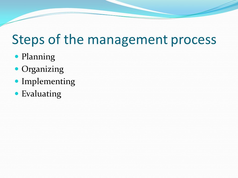 Steps of the management process Planning Organizing Implementing Evaluating
