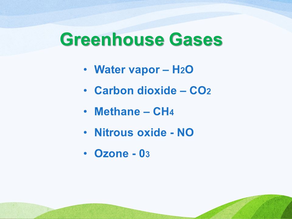 Water vapor – H 2 O Carbon dioxide – CO 2 Methane – CH 4 Nitrous oxide - NO Ozone Greenhouse Gases