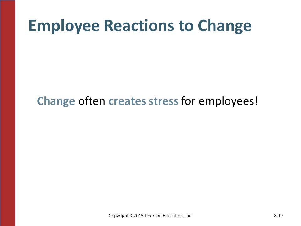 Employee Reactions to Change 8-17Copyright ©2015 Pearson Education, Inc.