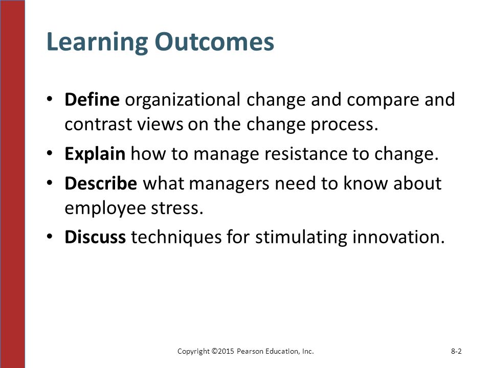 Learning Outcomes Define organizational change and compare and contrast views on the change process.