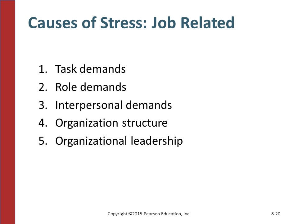 Causes of Stress: Job Related 1.Task demands 2.Role demands 3.Interpersonal demands 4.Organization structure 5.Organizational leadership Copyright ©2015 Pearson Education, Inc.8-20