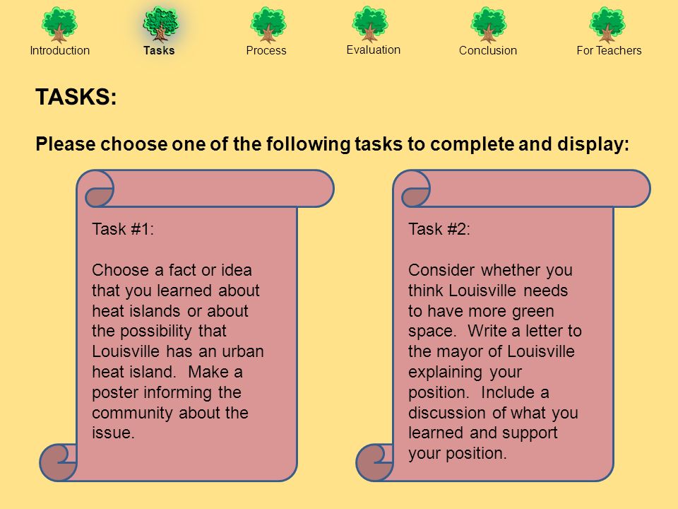 IntroductionTasksProcess Evaluation ConclusionFor Teachers TASKS: Please choose one of the following tasks to complete and display: Task #1: Choose a fact or idea that you learned about heat islands or about the possibility that Louisville has an urban heat island.