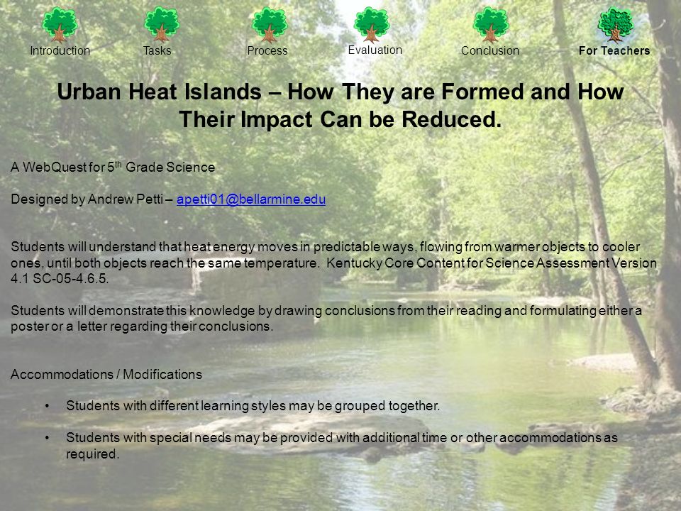 IntroductionTasksProcess Evaluation ConclusionFor Teachers Urban Heat Islands – How They are Formed and How Their Impact Can be Reduced.