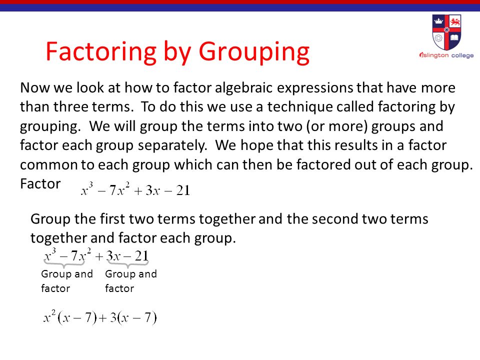 Factoring Algebraic Expressions To factor the expression start by looking at the factor pairs of 12.