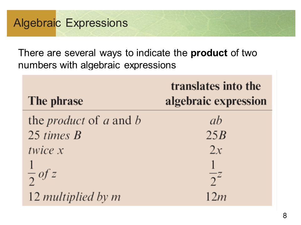 8 Algebraic Expressions There are several ways to indicate the product of two numbers with algebraic expressions