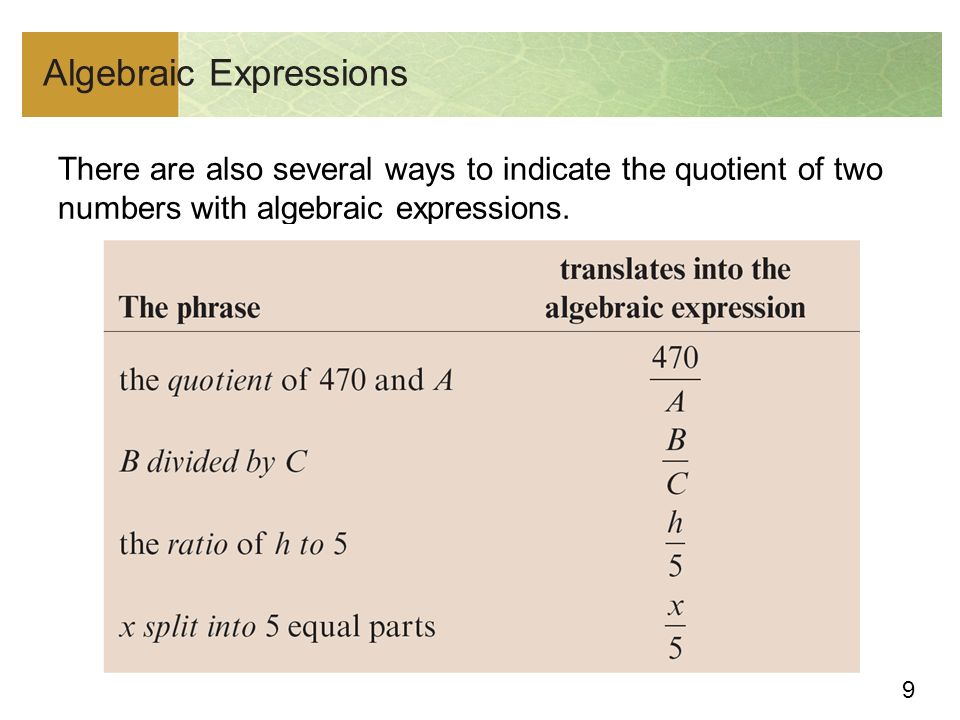 9 Algebraic Expressions There are also several ways to indicate the quotient of two numbers with algebraic expressions.