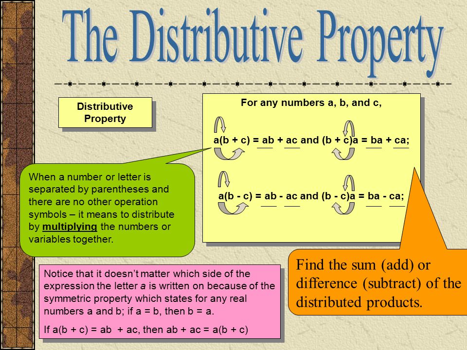 Distributive Property For any numbers a, b, and c, a(b + c) = ab + ac and (b + c)a = ba + ca; a(b - c) = ab - ac and (b - c)a = ba - ca; For any numbers a, b, and c, a(b + c) = ab + ac and (b + c)a = ba + ca; a(b - c) = ab - ac and (b - c)a = ba - ca; When a number or letter is separated by parentheses and there are no other operation symbols – it means to distribute by multiplying the numbers or variables together.
