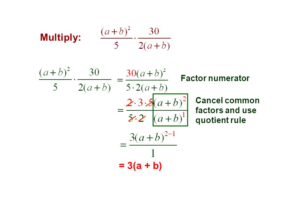 = 3(a + b) Factor numerator Cancel common factors and use quotient rule
