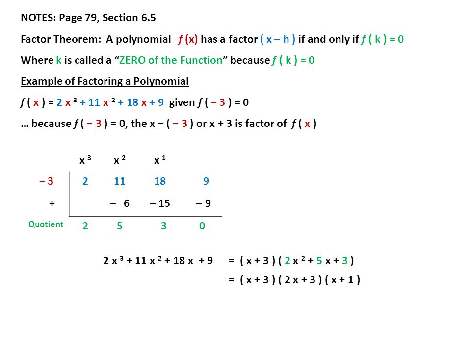 NOTES: Page 79, Section 6.5 Factor Theorem: A polynomial f (x) has a factor ( x – h ) if and only if f ( k ) = 0 Where k is called a ZERO of the Function because f ( k ) = 0 Example of Factoring a Polynomial f ( x ) = 2 x x x + 9 given f ( − 3 ) = 0 … because f ( − 3 ) = 0, the x − ( − 3 ) or x + 3 is factor of f ( x ) x 3 x 2 x 1 − – 6– 15 – 9 Quotient x x x + 9= ( x + 3 ) ( 2 x x + 3 ) = ( x + 3 ) ( 2 x + 3 ) ( x + 1 )