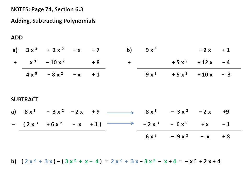 NOTES: Page 74, Section 6.3 Adding, Subtracting Polynomials ADD a)3 x x 2 − x− 7b)9 x 3 − 2 x+ 1 + x 3 − 10 x x x− 4 4 x 3 − 8 x 2 − x+ 19 x x x− 3 SUBTRACT a)8 x 3 − 3 x 2 − 2 x+ 98 x 3 − 3 x 2 − 2 x+9 − ( 2 x x 2 − x+ 1 )− 2 x 3 − 6 x 2 + x− 1 6 x 3 − 9 x 2 − x+ 8 b)( 2 x x ) − ( 3 x 2 + x − 4 ) = 2 x x − 3 x 2 − x + 4 = − x x + 4