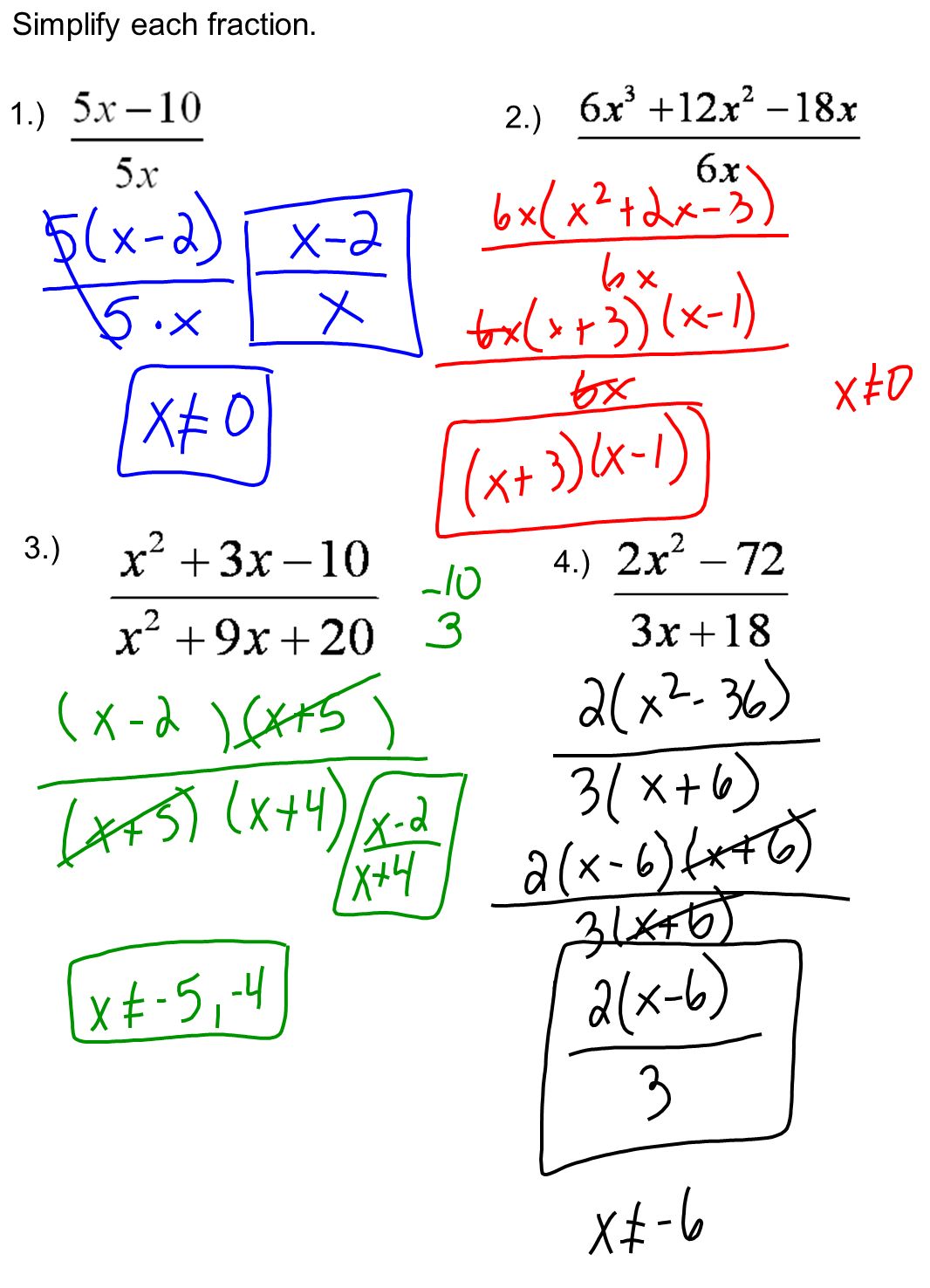 Simplify each fraction. 1.) 2.) 3.) 4.)