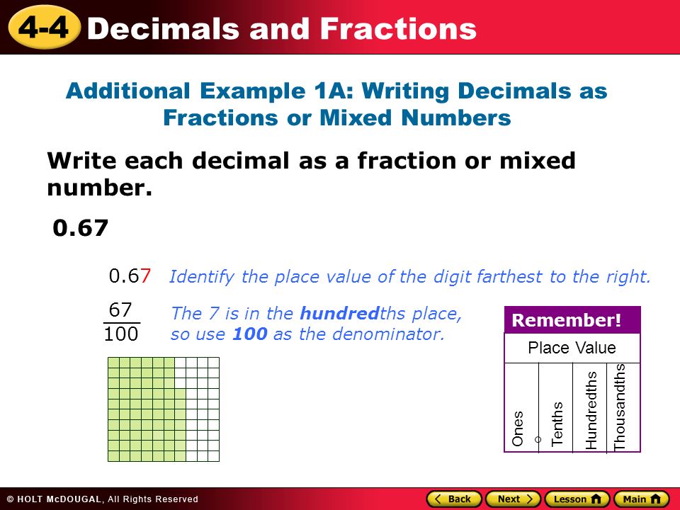 4-4 Decimals and Fractions Additional Example 1A: Writing Decimals as Fractions or Mixed Numbers Write each decimal as a fraction or mixed number.