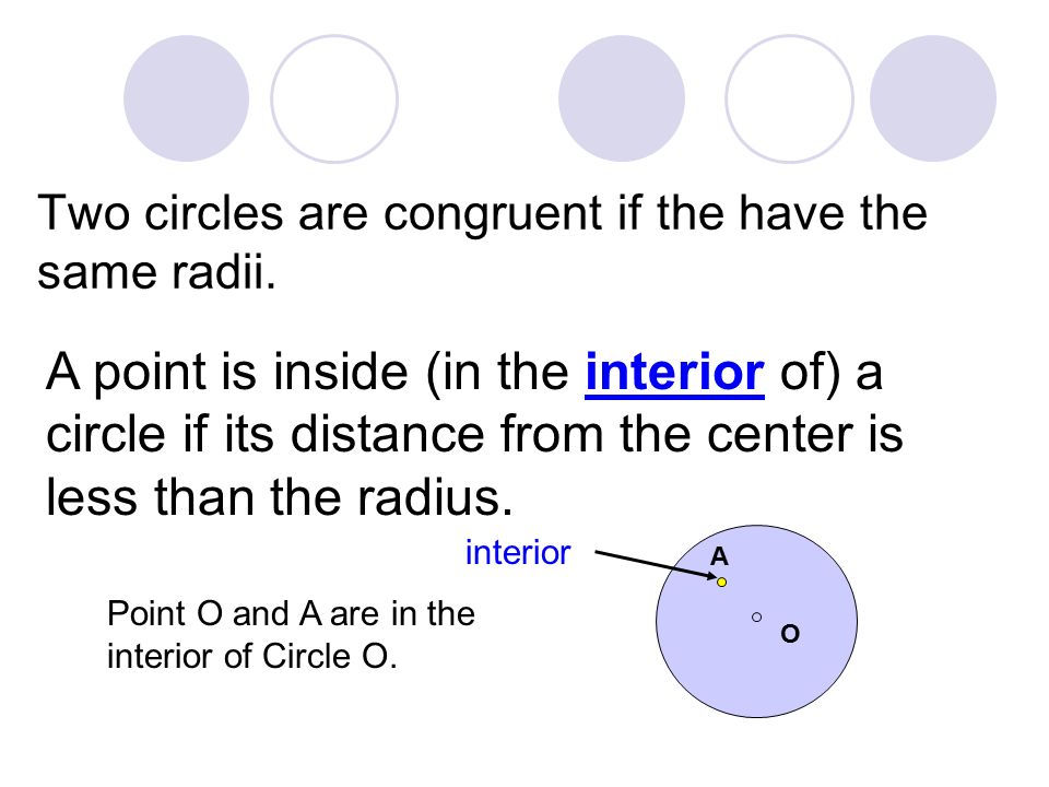 Two circles are congruent if the have the same radii.