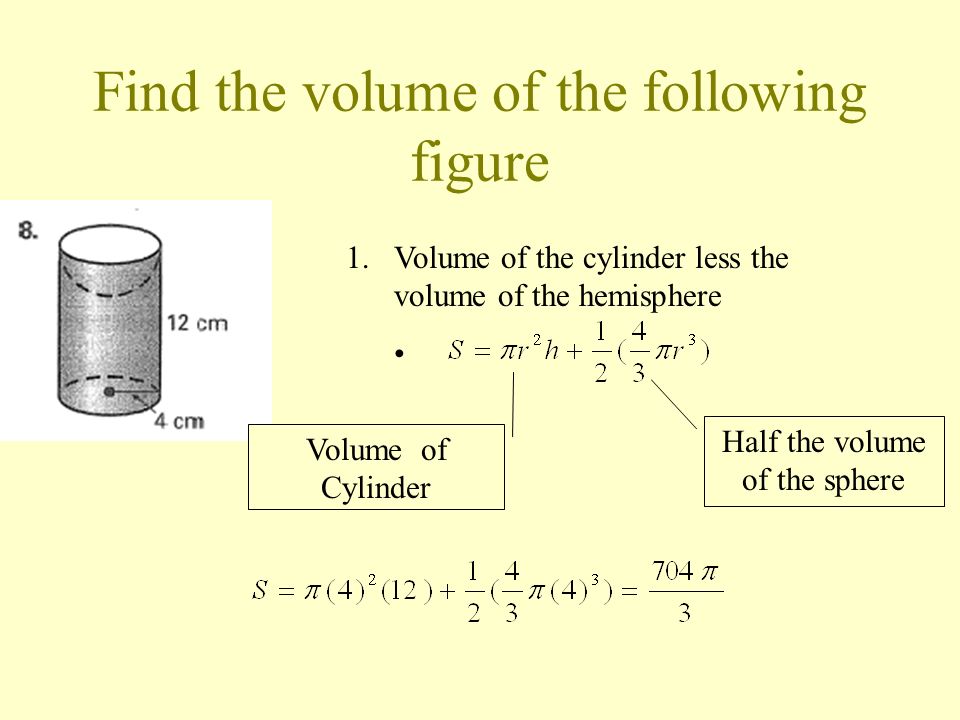 Find the surface area of the following figure 1.Area of the cylinder less the top base plus the area of the hemisphere Area of Cylinder less the top base Half the area of the sphere