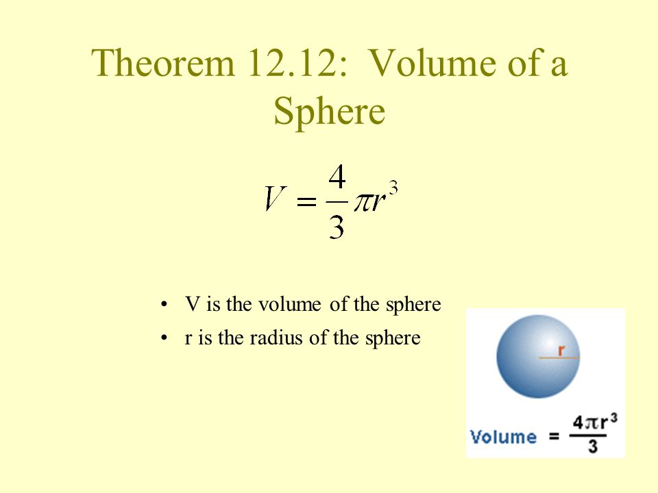 Theorem 12.11: Surface Area of a Sphere S = 4  r 2 S is the surface area r is the radius of the sphere