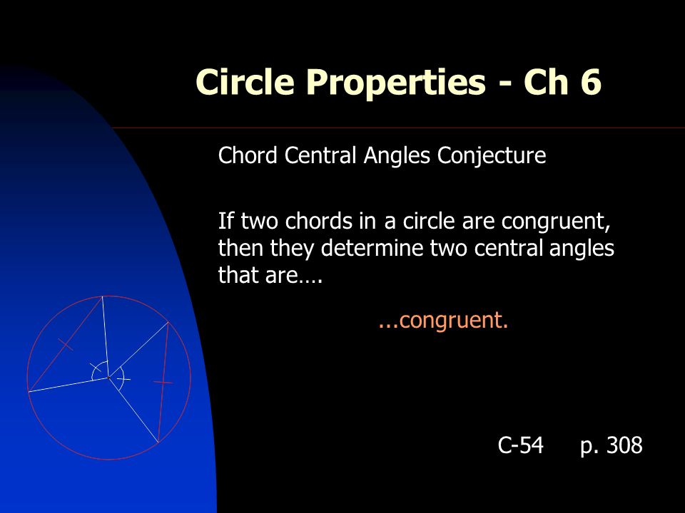 Circle Properties - Ch 6 Chord Central Angles Conjecture If two chords in a circle are congruent, then they determine two central angles that are…....congruent.