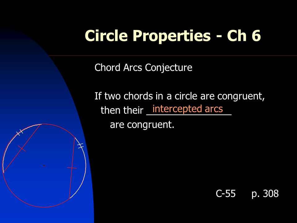 Circle Properties - Ch 6 Chord Arcs Conjecture If two chords in a circle are congruent, then their ________________ are congruent.