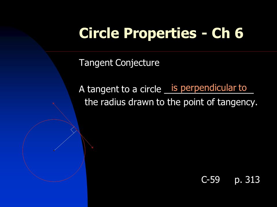 Circle Properties - Ch 6 Tangent Conjecture A tangent to a circle __________________ the radius drawn to the point of tangency.