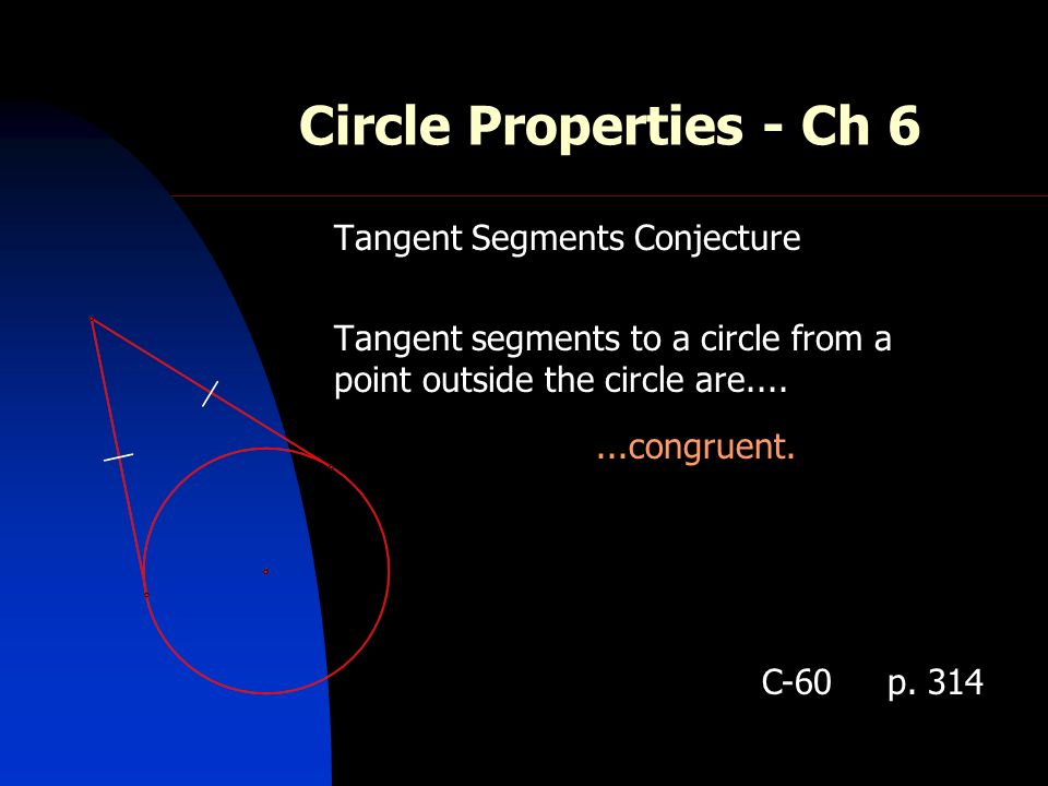 Circle Properties - Ch 6 Tangent Segments Conjecture Tangent segments to a circle from a point outside the circle are congruent.