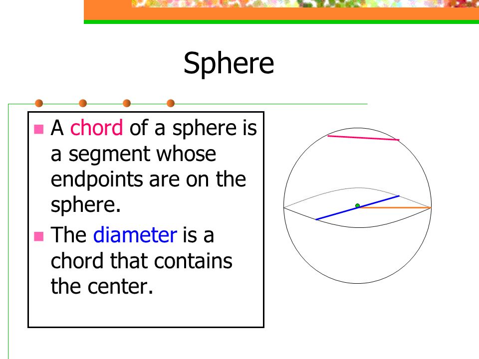 Sphere A chord of a sphere is a segment whose endpoints are on the sphere.