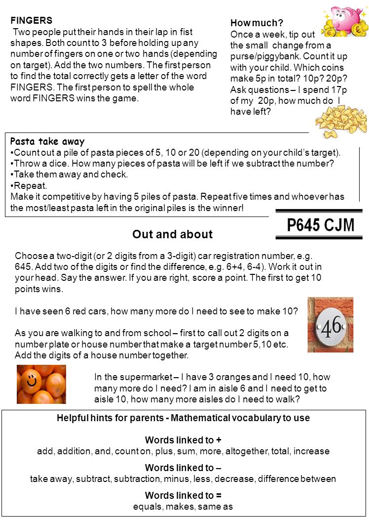 Pasta take away Count out a pile of pasta pieces of 5, 10 or 20 (depending on your child’s target).