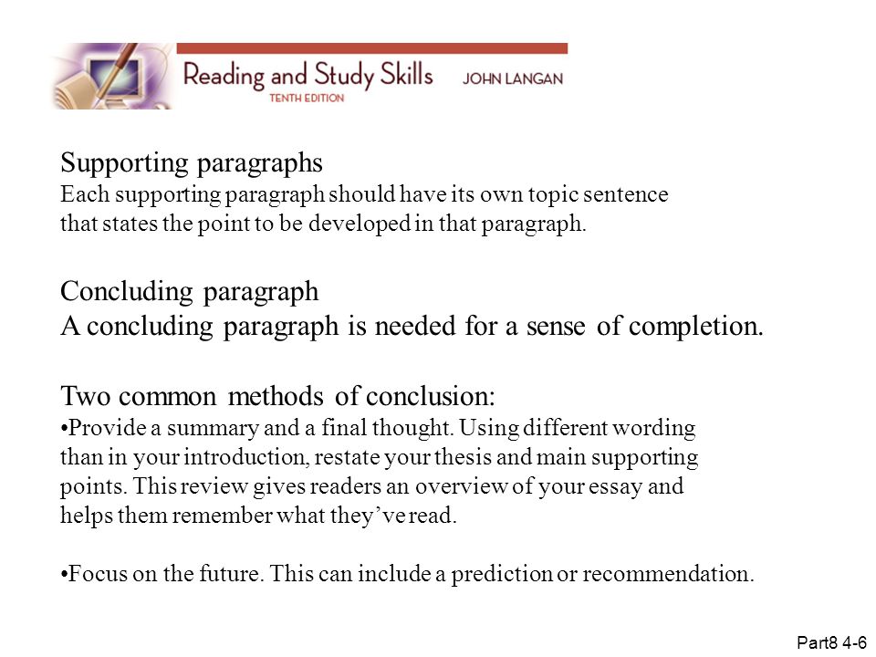 Supporting paragraphs Each supporting paragraph should have its own topic sentence that states the point to be developed in that paragraph.