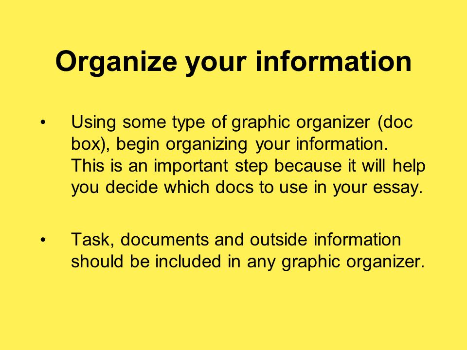 Organize your information Using some type of graphic organizer (doc box), begin organizing your information.
