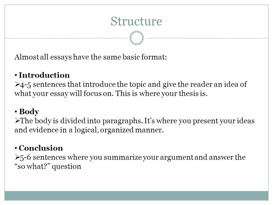 Structure Almost all essays have the same basic format: Introduction  4-5 sentences that introduce the topic and give the reader an idea of what your essay will focus on.