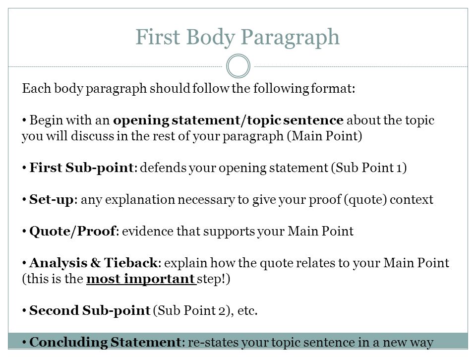 First Body Paragraph Each body paragraph should follow the following format: Begin with an opening statement/topic sentence about the topic you will discuss in the rest of your paragraph (Main Point) First Sub-point: defends your opening statement (Sub Point 1) Set-up: any explanation necessary to give your proof (quote) context Quote/Proof: evidence that supports your Main Point Analysis & Tieback: explain how the quote relates to your Main Point (this is the most important step!) Second Sub-point (Sub Point 2), etc.